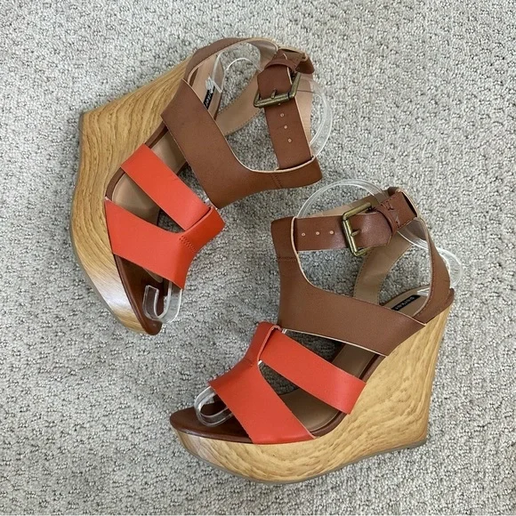 Parker & Sky Brown Orange Strappy Buckle Platform Wedge Heels Size 8 - Picture 4 of 7